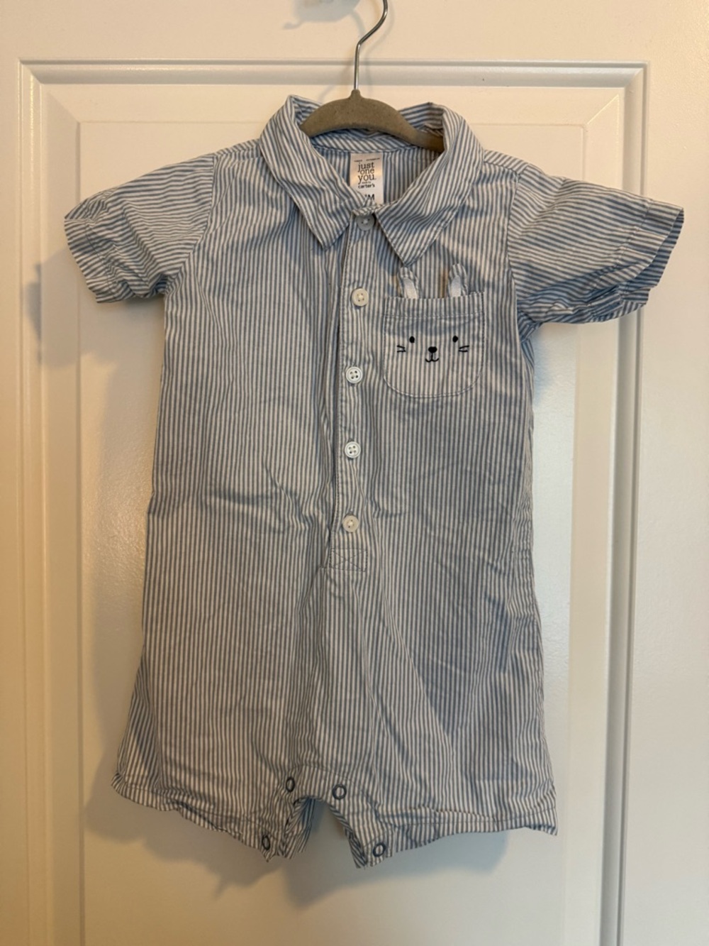 Carter’s Button-Front Light Blue & White Striped Romper with Bunny Pocket
